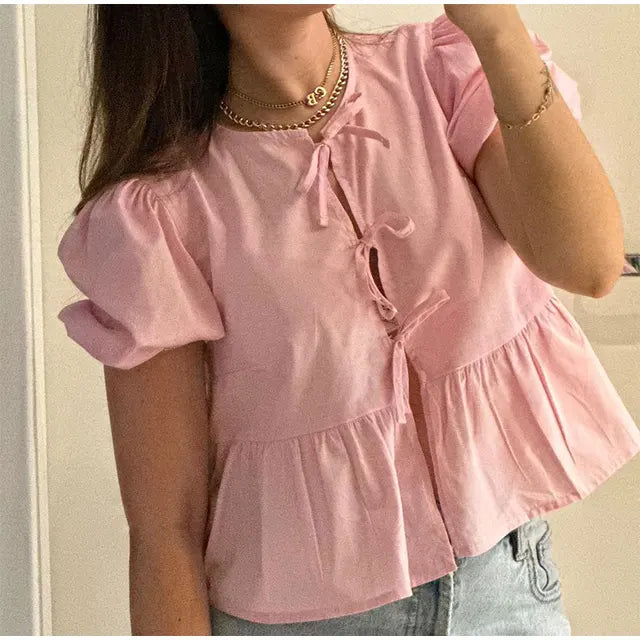 Leopard Print Puff Sleeve Top with Bow Accent