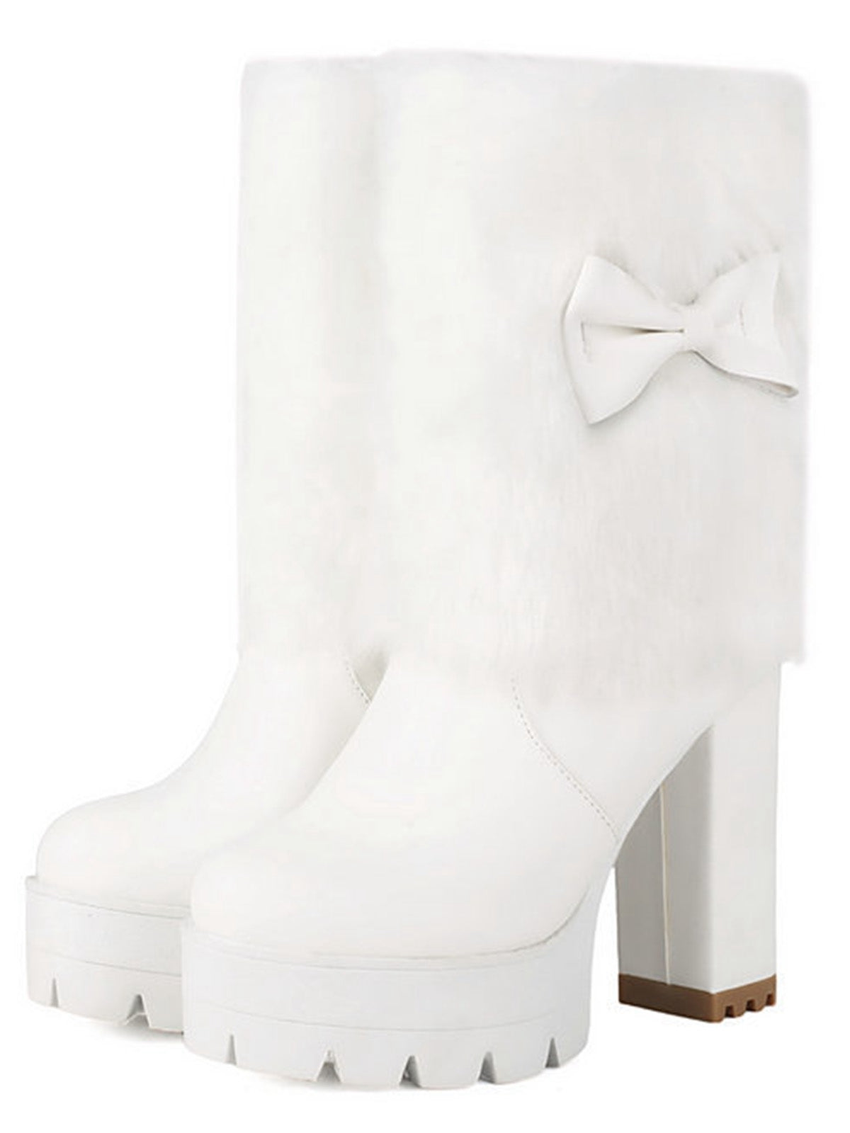 Chunky Heeled Plush Boots with Vintage Bow Accent