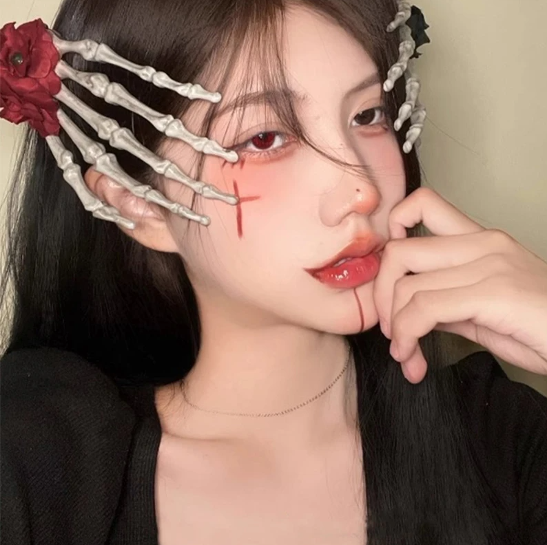 Gothic Halloween Rose Skull Hand Claw Hair Clip