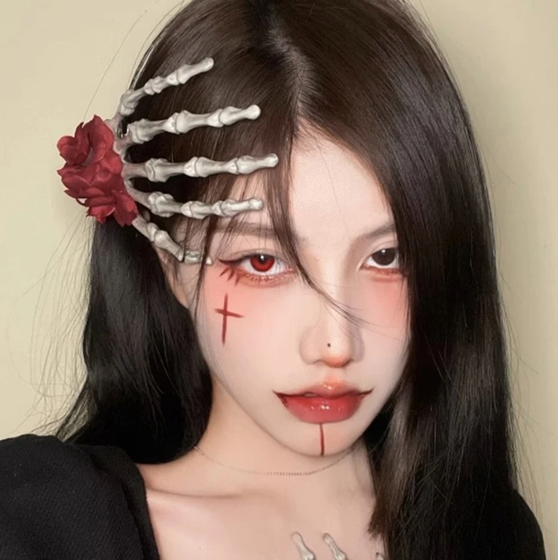 Gothic Halloween Rose Skull Hand Claw Hair Clip