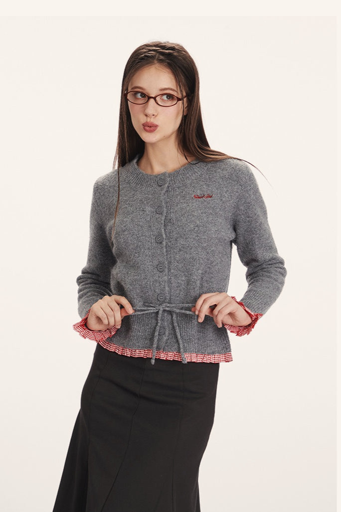 Slim Waist Cinched Knit Cardigan with Panel Design