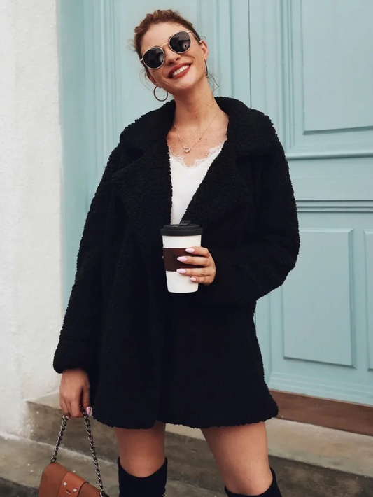 Cozy Teddy Plush Short Coat with Lapel Collar for Women