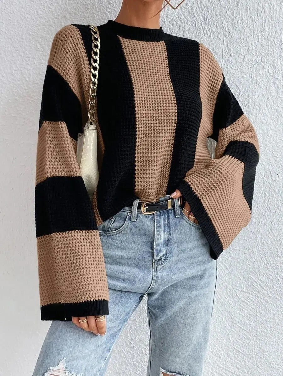 Cozy Bicolor Knitted Sweater with Wide Sleeves