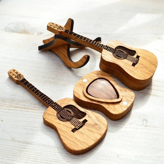 Handcrafted Wooden Guitar Pick Holder with Display Stand