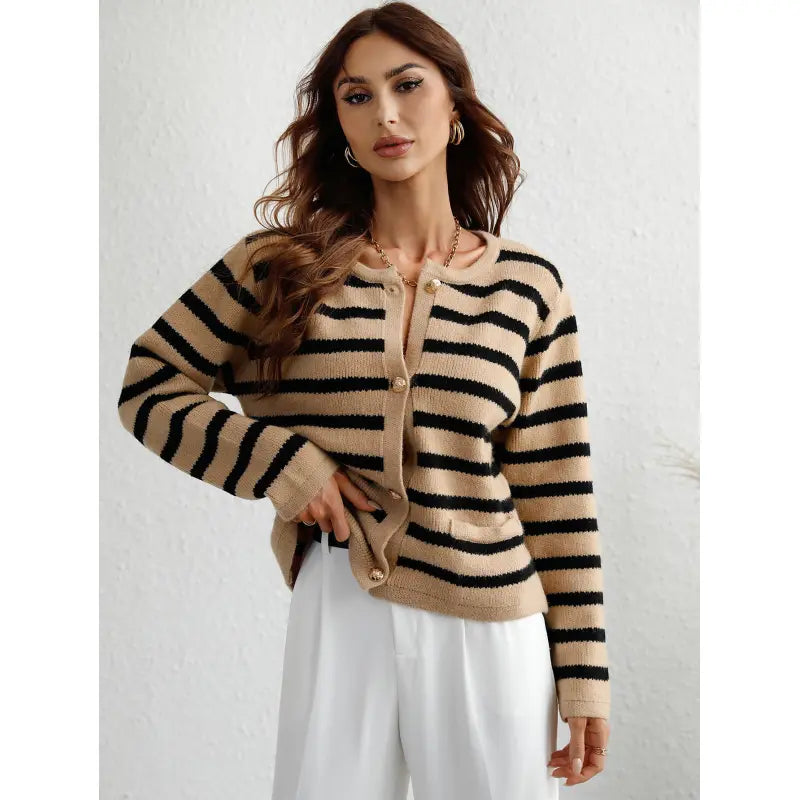 Cozy Knit Sweater with Button Closure and Side Pockets