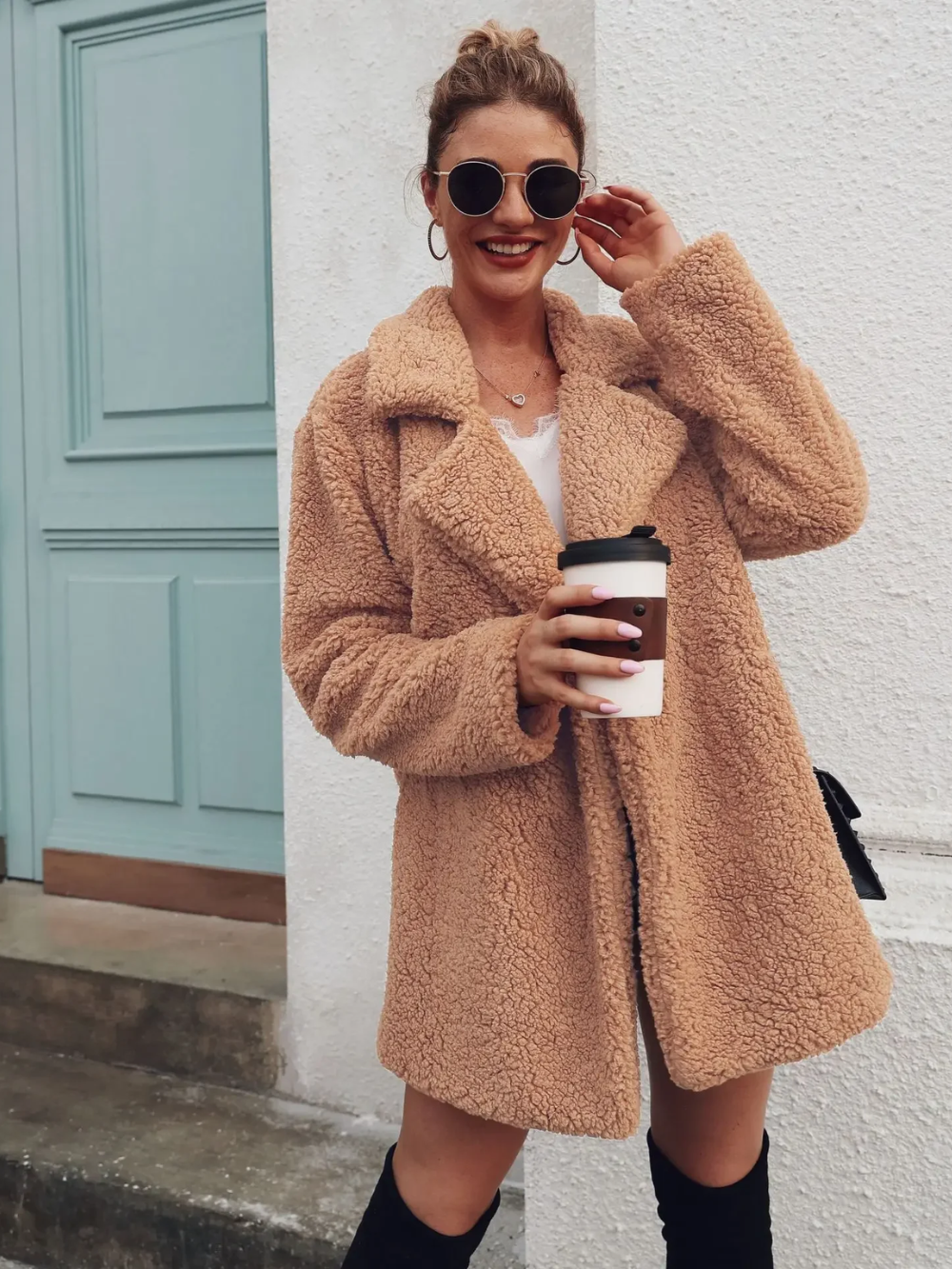Cozy Teddy Plush Short Coat with Lapel Collar for Women