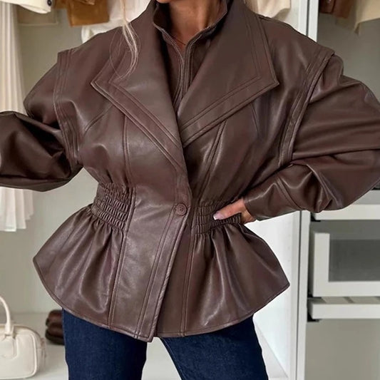 Chic Faux Leather Lapel Moto Jacket with Elastic Waist