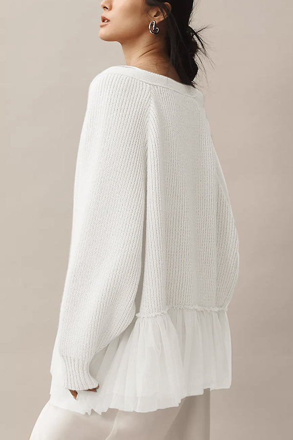 Mesh Ruffle Knit Cardigan with Long Sleeves