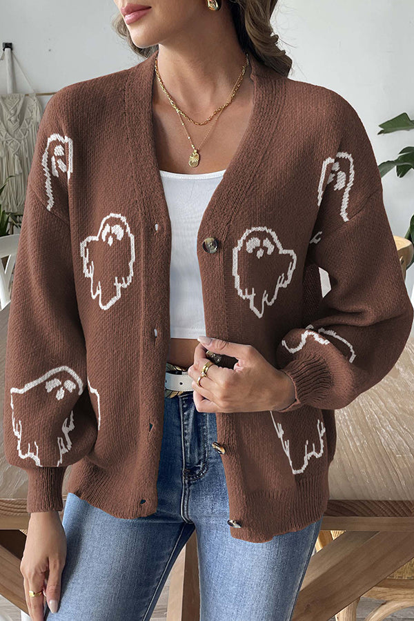 Cozy Halloween Ghost Knit Sweater Button-Down Top