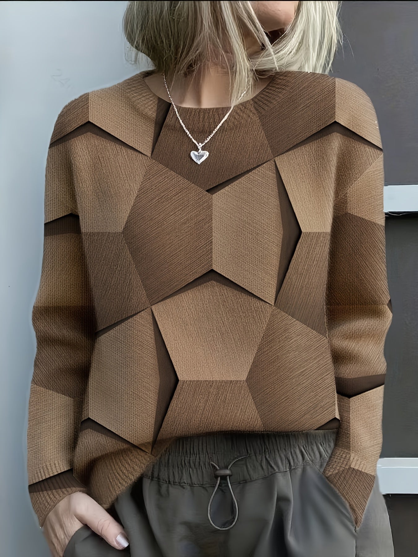 Cozy Knit Sweater with Bold Geometric 3D Prints