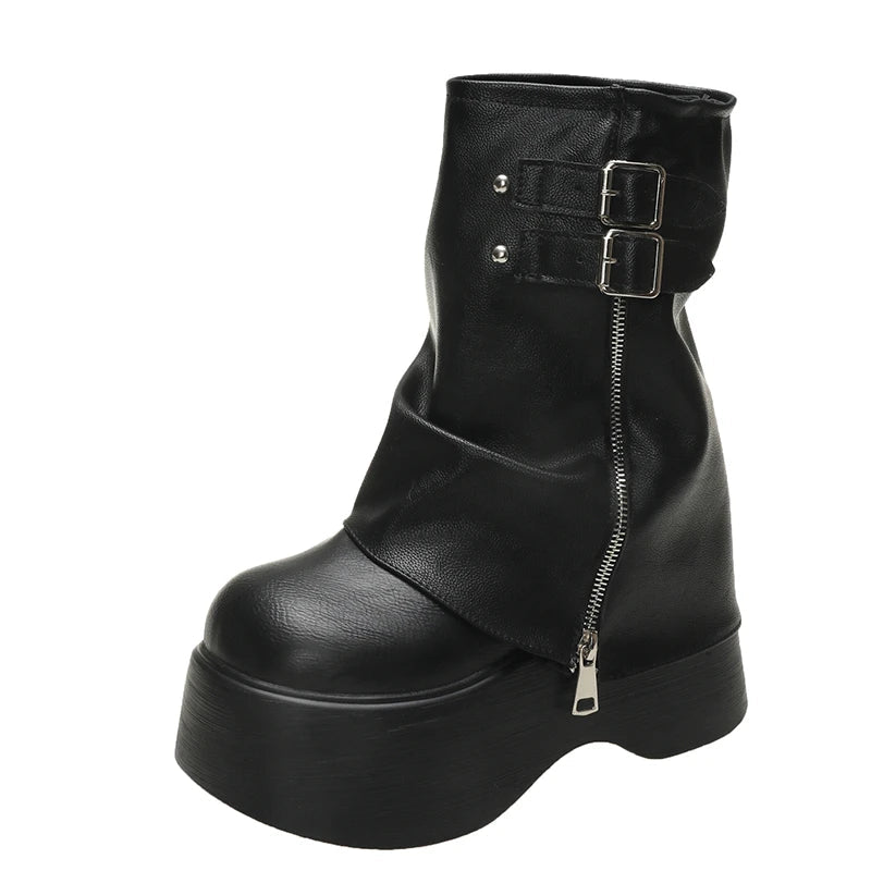 Gothic Platform Buckle Mid Calf Zip Up Boots