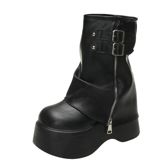 Gothic Platform Buckle Mid Calf Zip Up Boots
