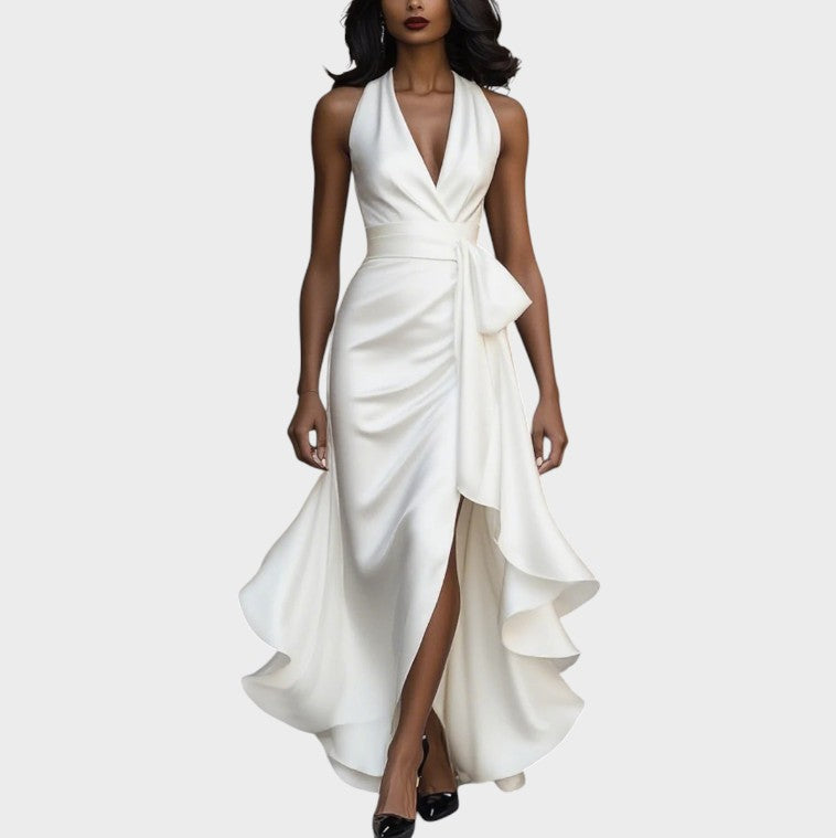 Midnight Satin Halter Neck Dress with Ruffle Detail
