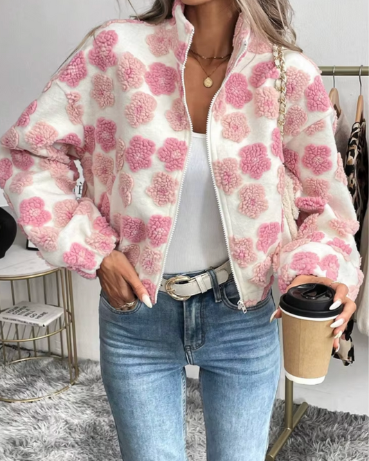Cozy Fleece Jacket with Candy Floral Print
