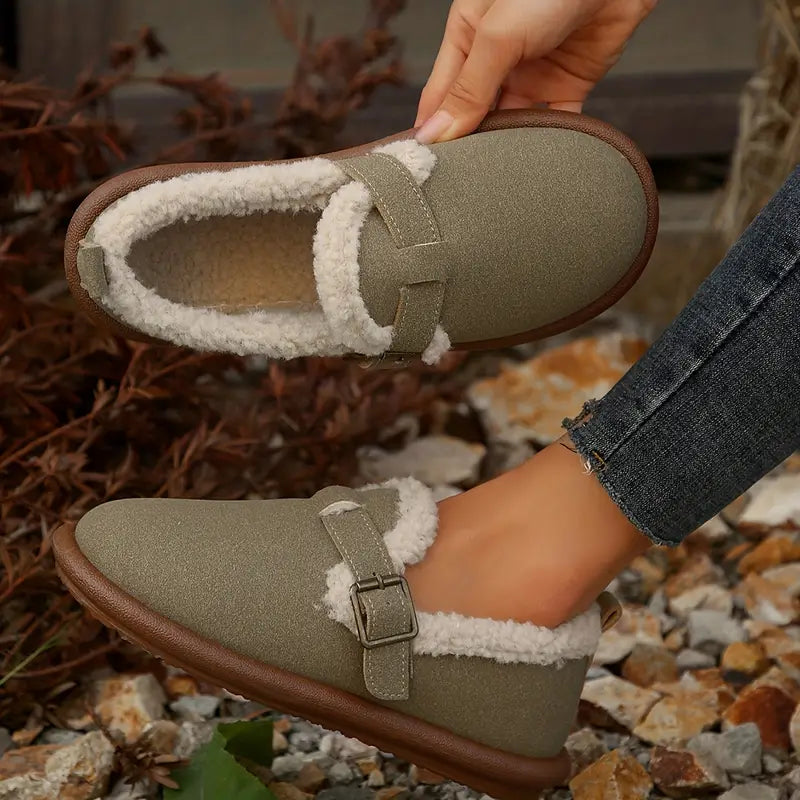 Cozy Fleece-Lined Slip-On Flats with Buckle Strap