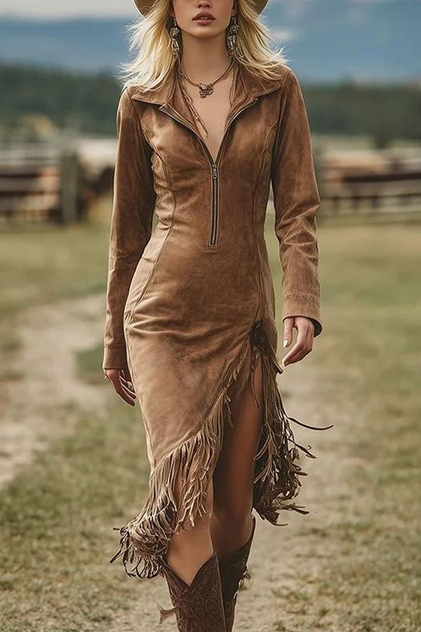 Suede Slim Fit Midi Dress with Tassel Hem