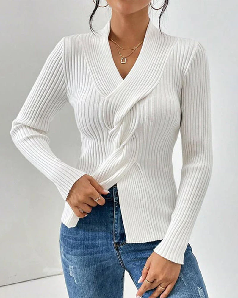 Cozy Twist Front Ribbed Knit Sweater