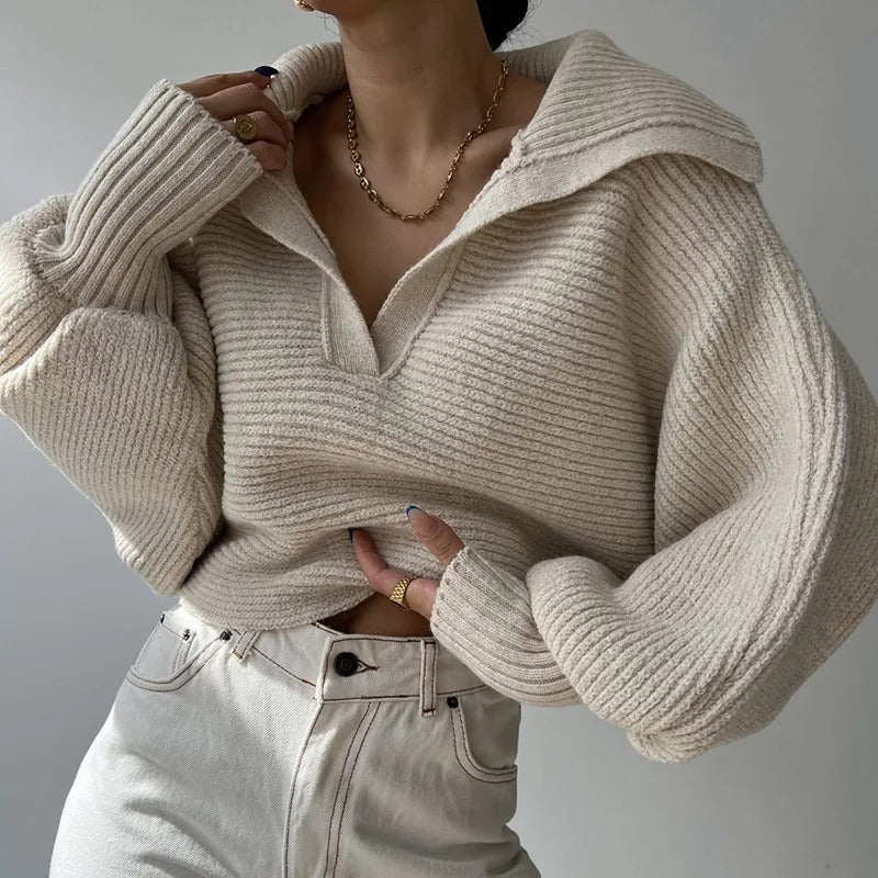 Cozy Lantern Sleeve Open Collar Knit Sweater