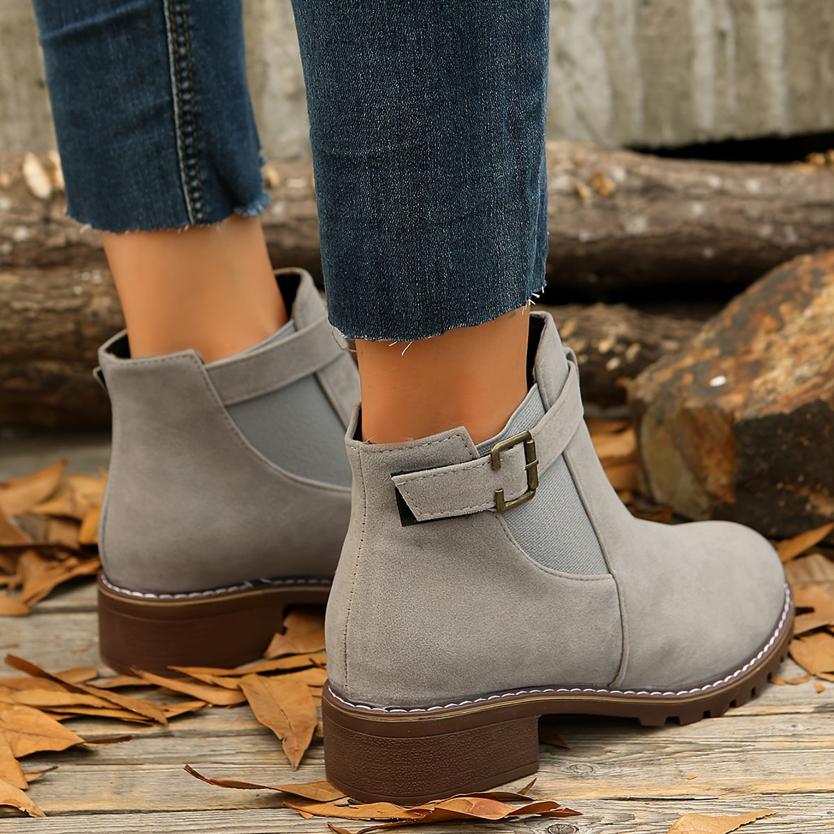 Chic Block Heel Ankle Boots with Buckle Strap and Elastic Sides