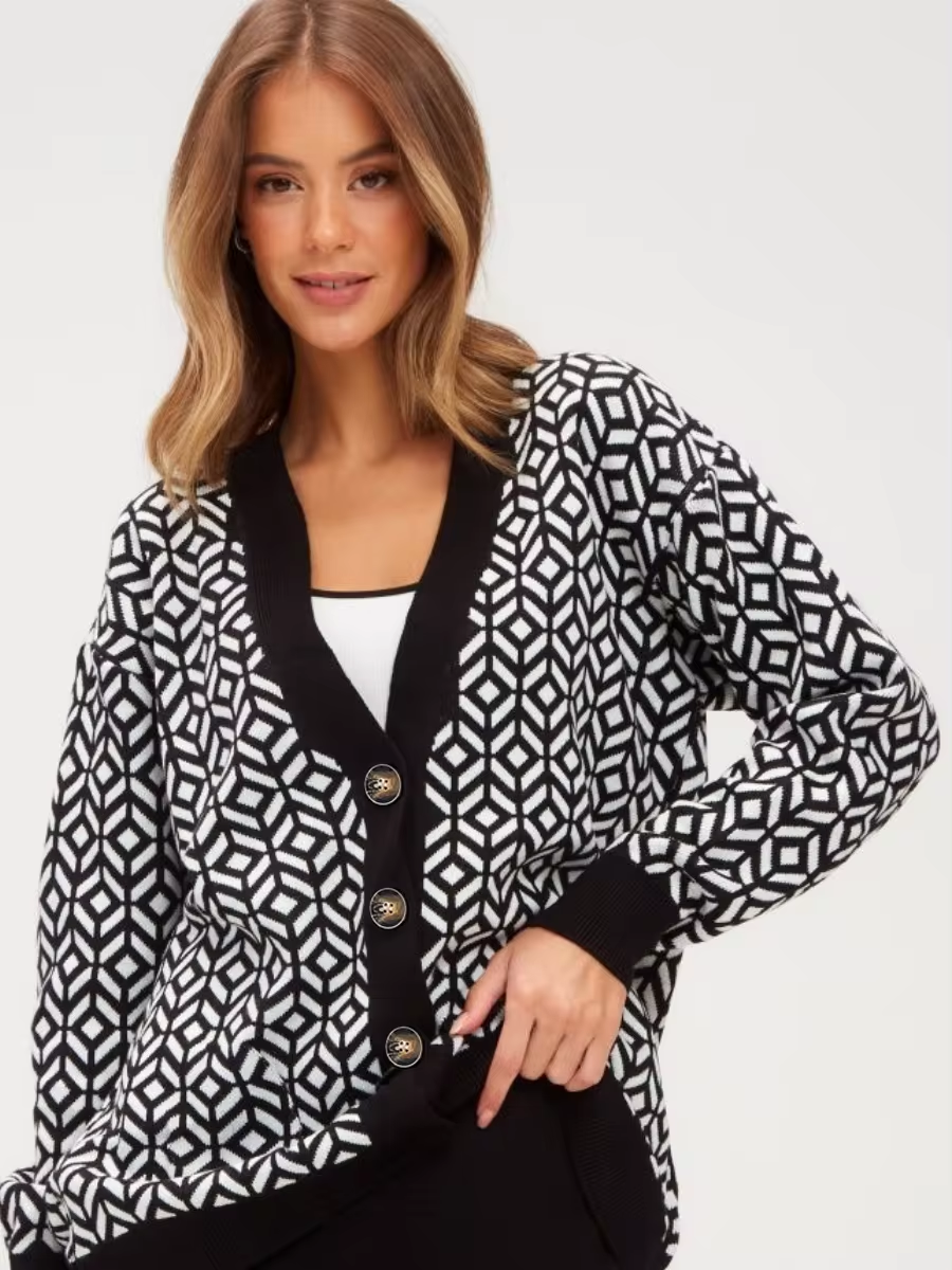 Cozy Geometric Pattern Button-Up Cardigan