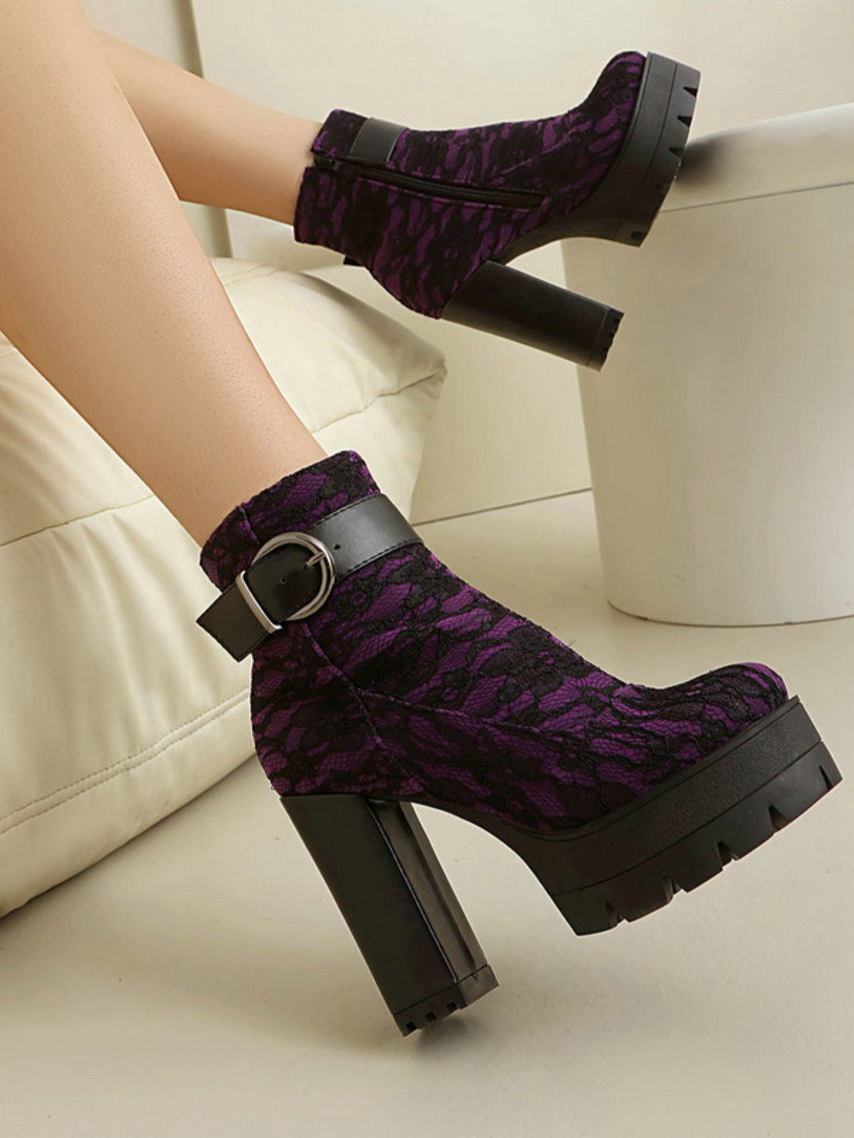 Vintage Lace Platform Ankle Boots with Chunky Heels