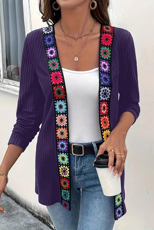 Boho Floral Edge Knit Long Sleeve Cardigan