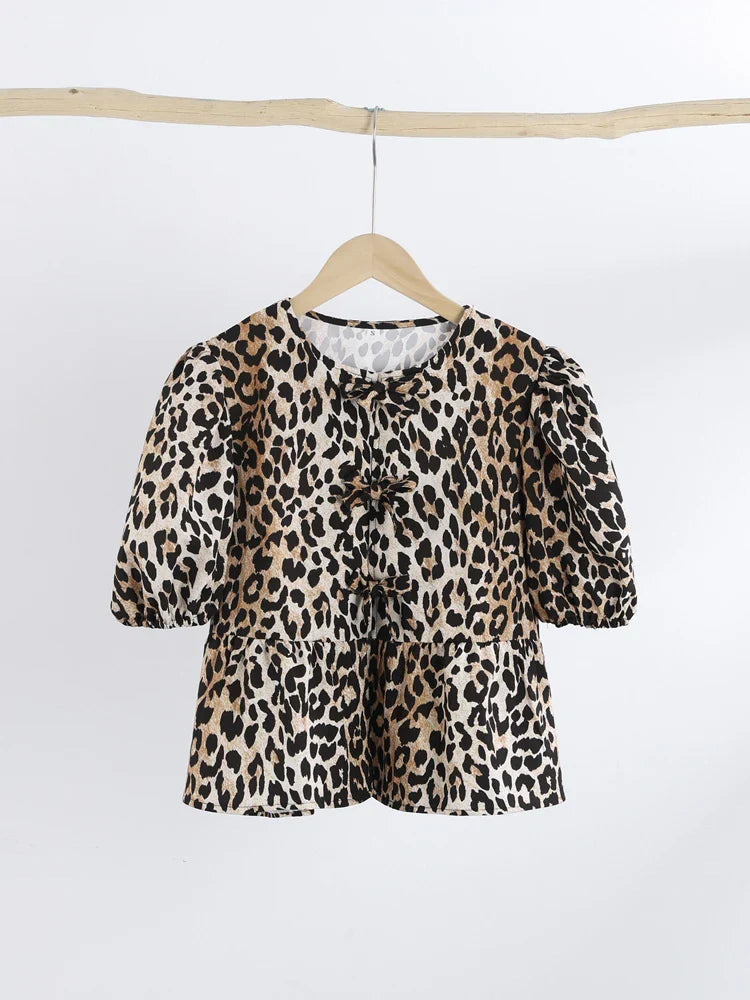 Leopard Print Puff Sleeve Top with Bow Accent