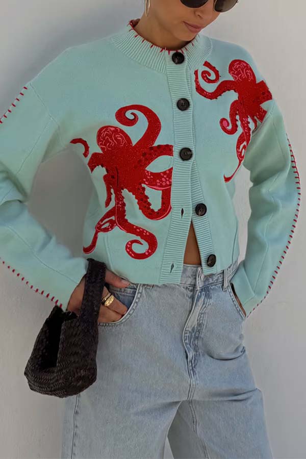 Cozy Coastal Knit Cardigan with Octopus Graphic and Contrast Piping