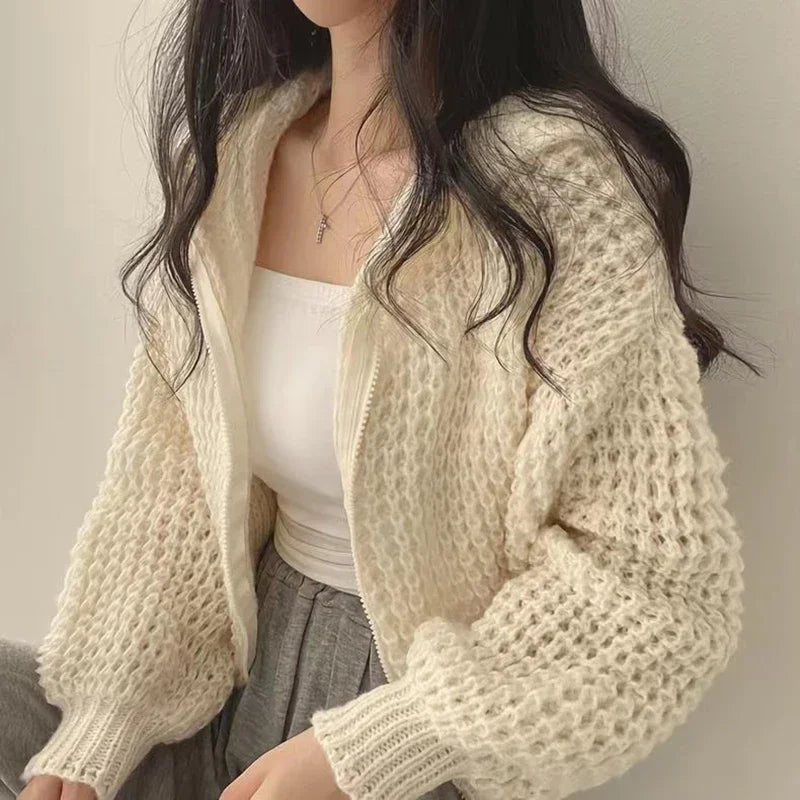 Cropped Hooded Knit Cardigan with Hollow Out Detail