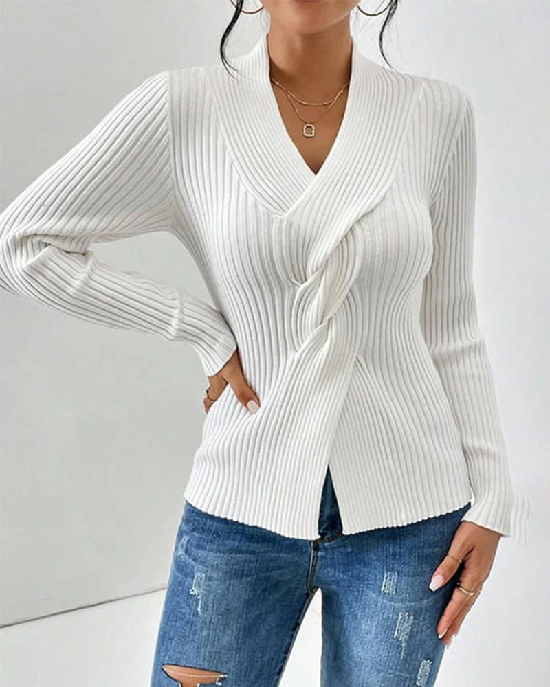 Cozy Twist Front Ribbed Knit Sweater