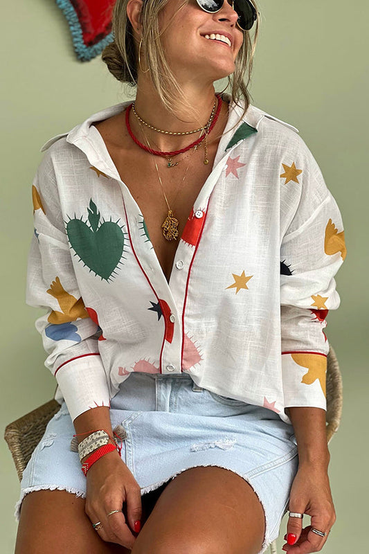 Linen Blend Printed Button-Down Loose Long Sleeve Blouse