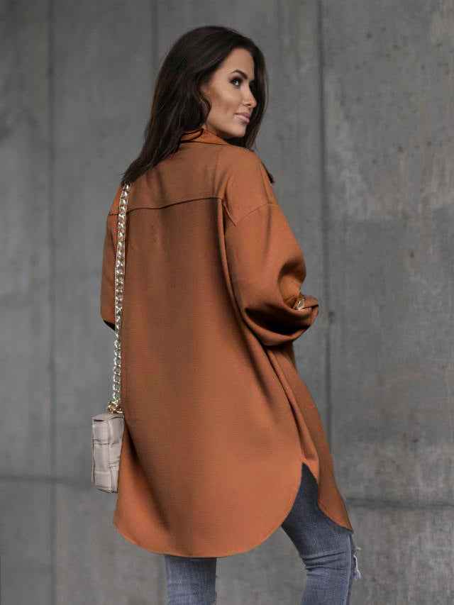 Cozy Long Buttoned Shirt Jacket with Wool Collar and Lapels