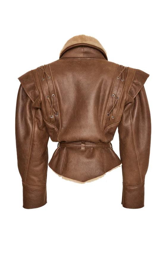 Chic Faux Fur Trimmed PU Leather Lace-Up Coat