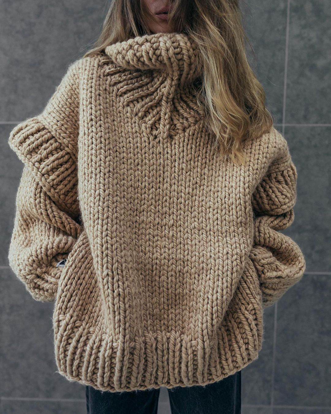 Chunky Knit Oversized Turtleneck Sweater for Women