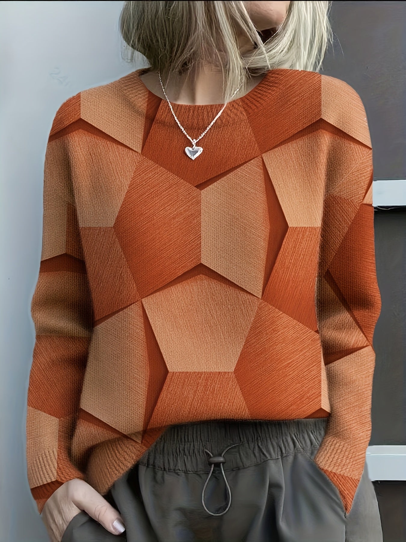 Cozy Knit Sweater with Bold Geometric 3D Prints