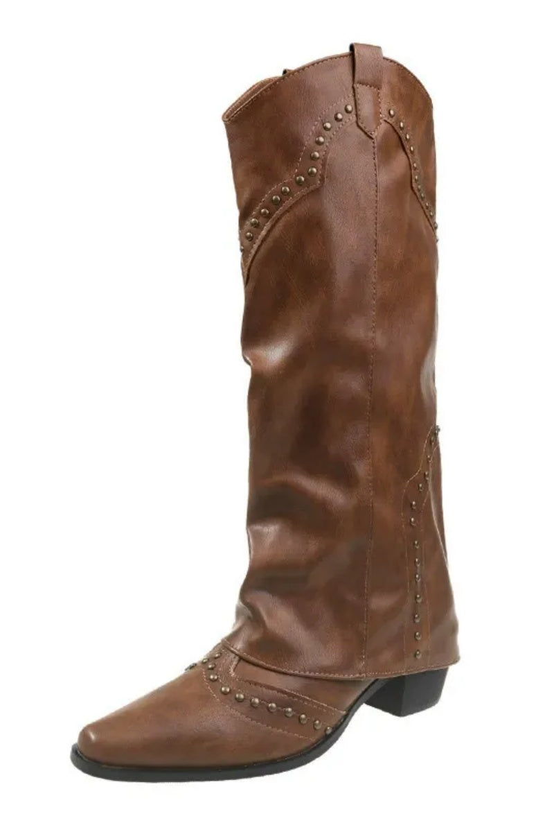 Vintage Leather Rivet High-Leg Boots