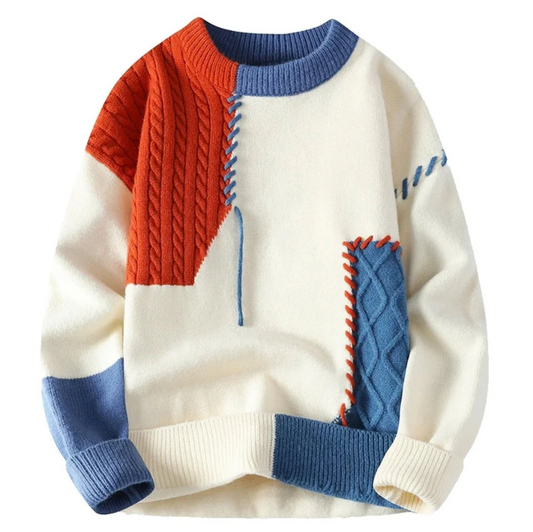 Cozy Men's Chunky Knit Sweater with Patchwork Detail