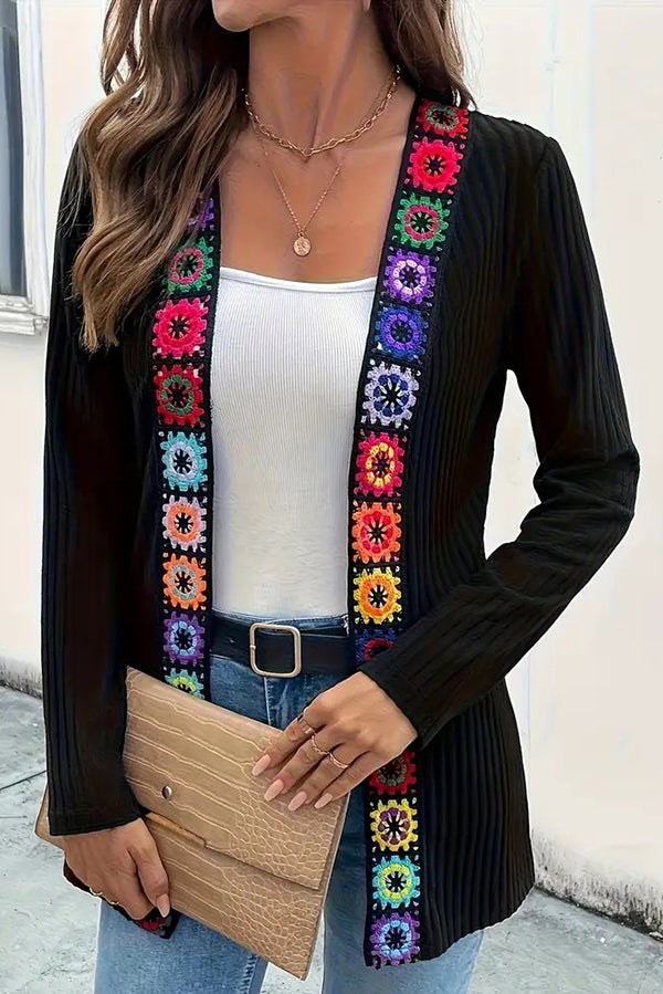 Boho Floral Edge Knit Long Sleeve Cardigan
