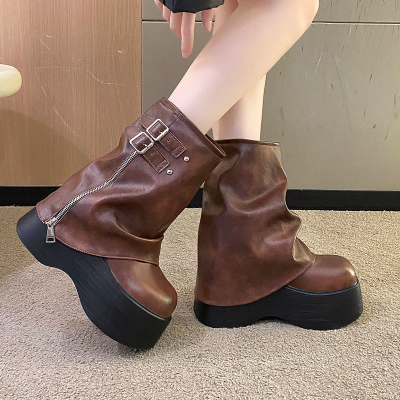 Gothic Platform Buckle Mid Calf Zip Up Boots