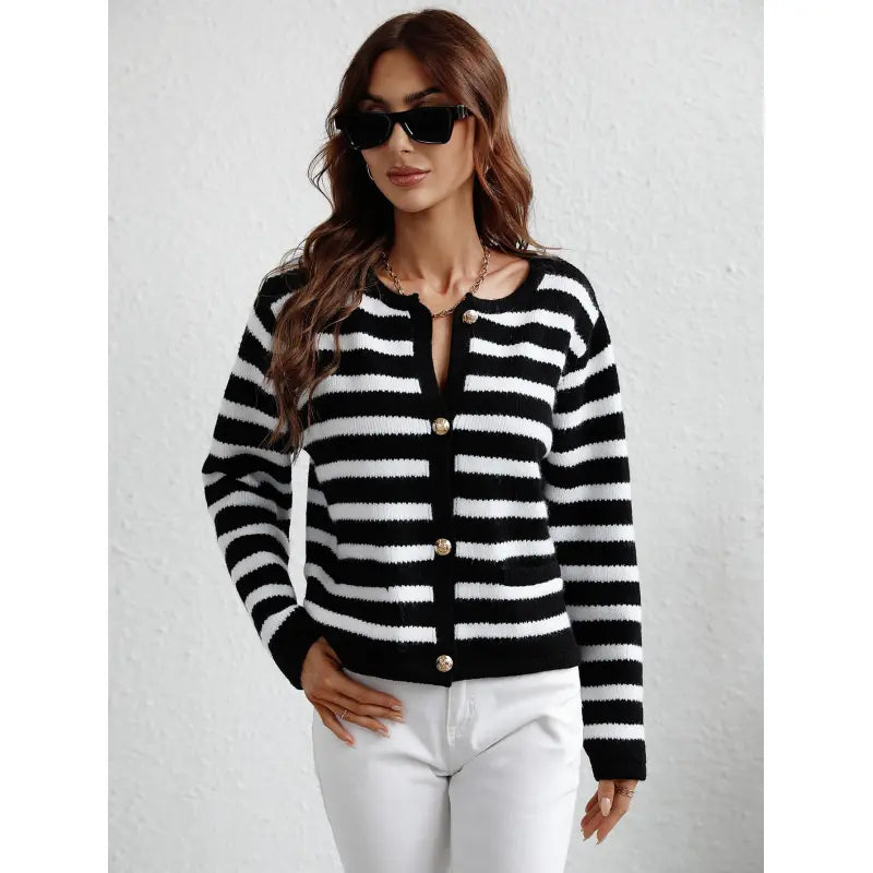 Cozy Knit Sweater with Button Closure and Side Pockets