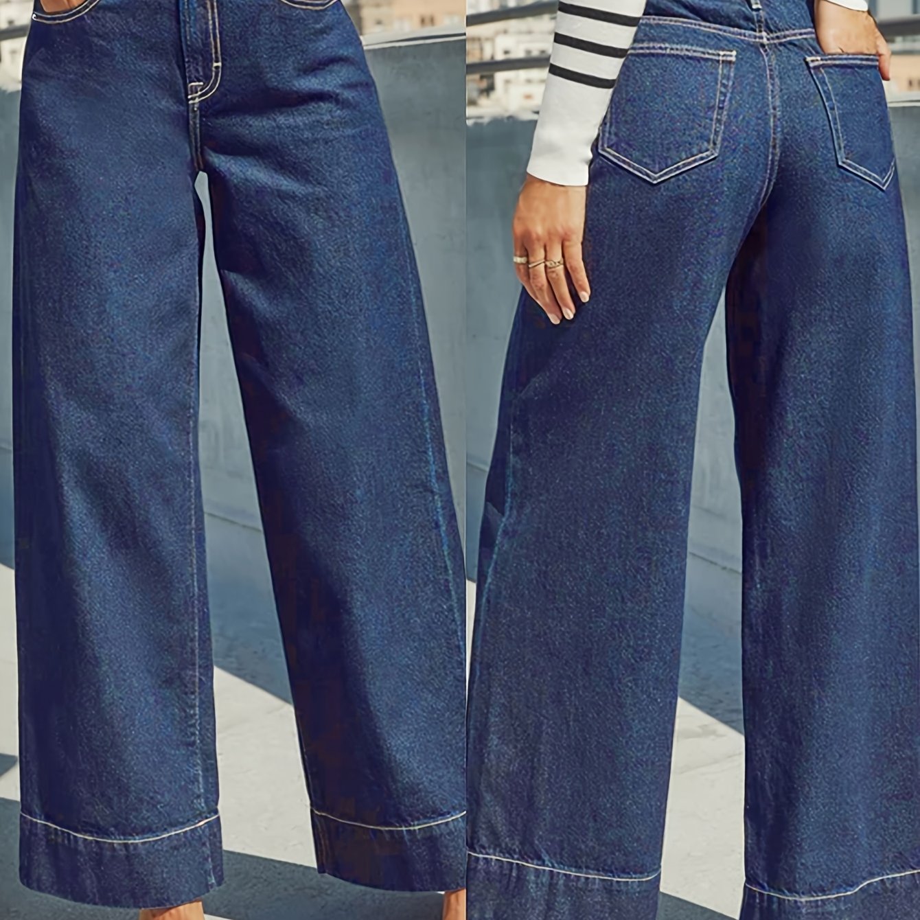 High-Waist Wide-Leg Stretch Denim Jeans with Cuffed Hem