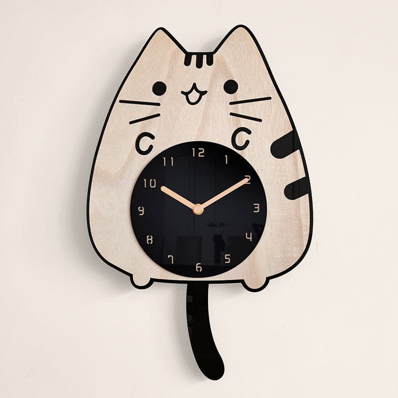Whimsical Bamboo Quartz Cat Wall Clock
