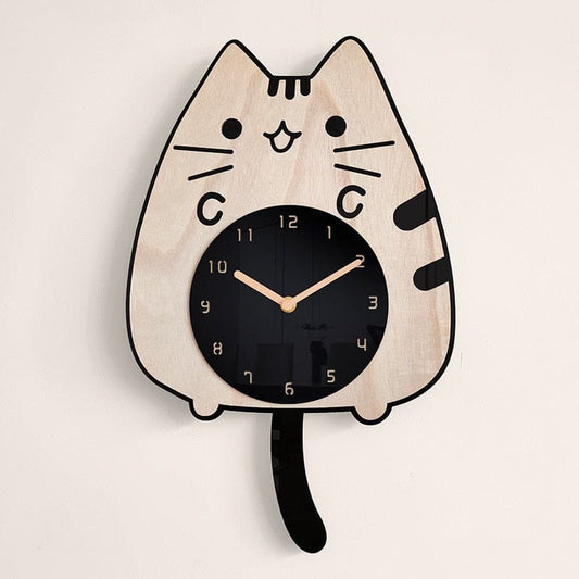 Whimsical Bamboo Quartz Cat Wall Clock