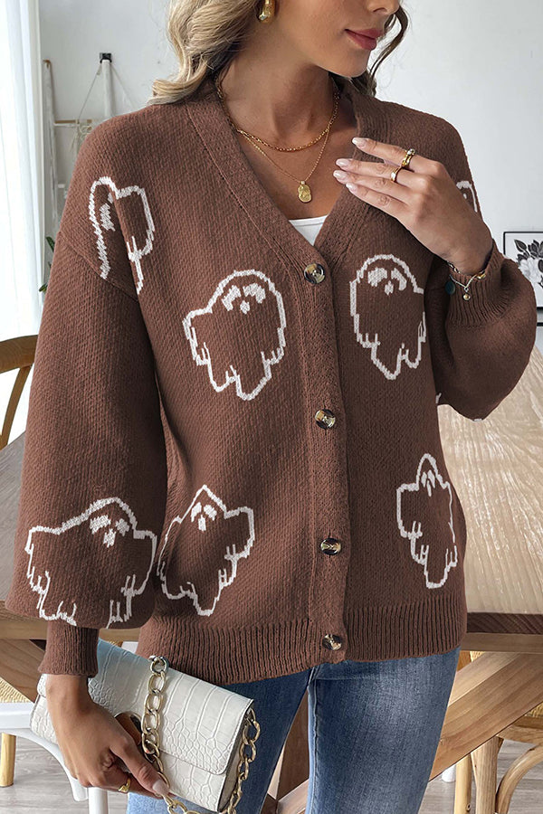 Cozy Halloween Ghost Knit Sweater Button-Down Top