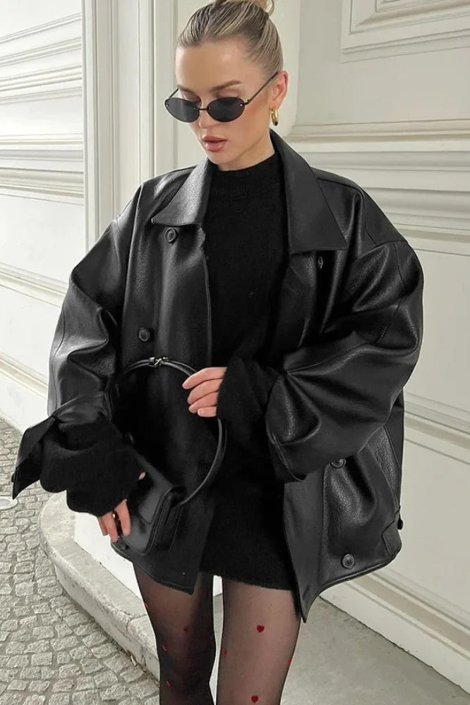 Double Breasted Black Leather Coat with Lapel Collar