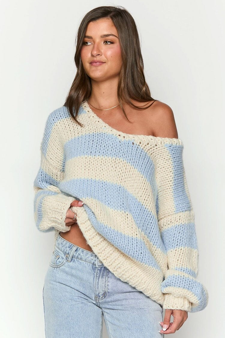 Cozy Off-Shoulder Striped Knit Sweater
