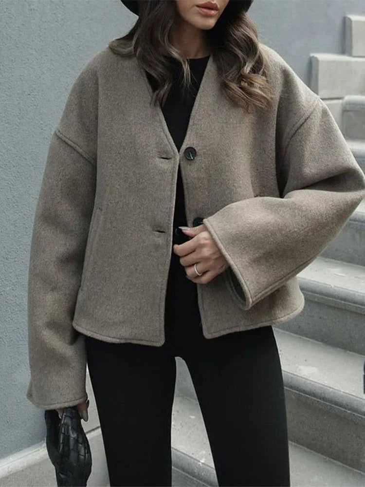 Oversized Wool Look V-Neck Coat for Women