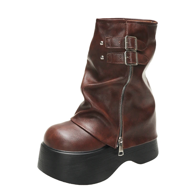 Gothic Platform Buckle Mid Calf Zip Up Boots