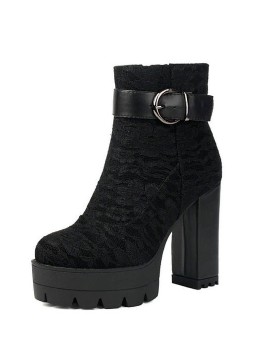 Vintage Lace Platform Ankle Boots with Chunky Heels