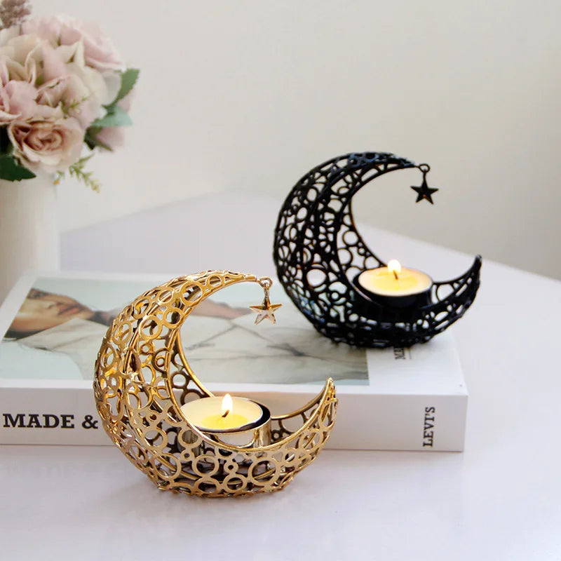 Modern Black Gold Moon and Stars Candle Holder